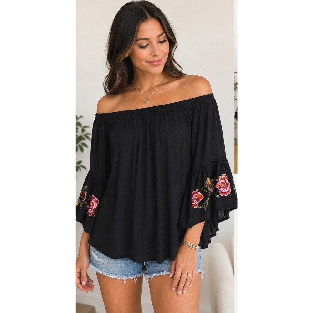 Feathers Boho Peasant Top Off Shoulder Embroidered Bell Sleeve Black S Tunic